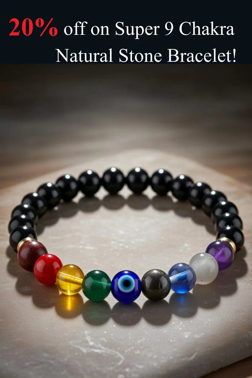 Super 9 Chakra Healing Bracelet with Pyrite & Evil Eye: Attracts money, Offers Protection & Prosperity moksham.shop