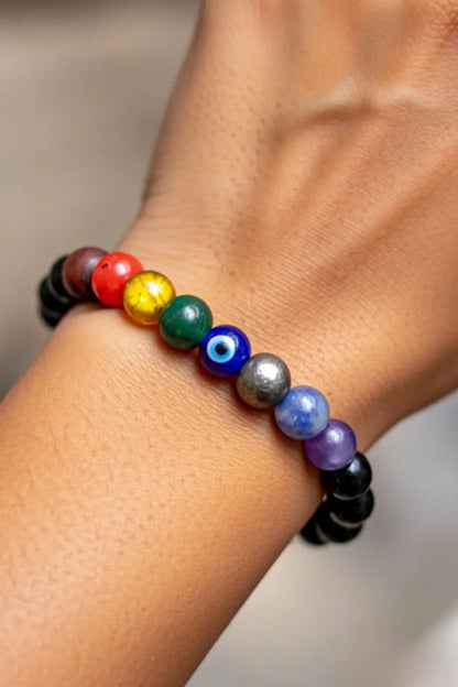 Super 9 Chakra Healing Bracelet with Pyrite & Evil Eye: Attracts money, Offers Protection & Prosperity moksham.shop