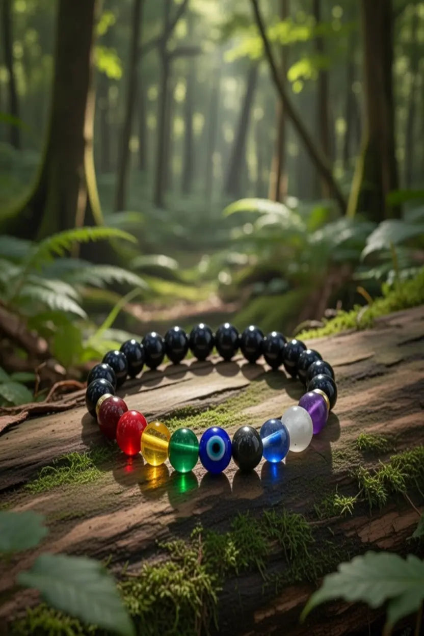 Super 9 Chakra Healing Bracelet with Pyrite & Evil Eye: Attracts money, Offers Protection & Prosperity moksham.shop